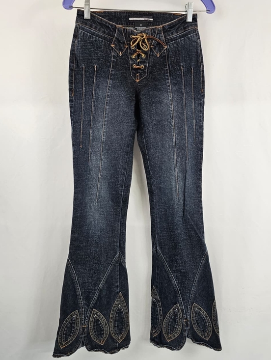 bebe Denim - Rare VTG Y2K bebe Low Rise Patchwork Flared Jeans, Sz 26